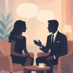 Silhouette einer Frau und eines Mannes im eleganten Lounge-Setting, vertieft im Gespräch, symbolisiert empathische Kommunikation auf Augenhöhe.