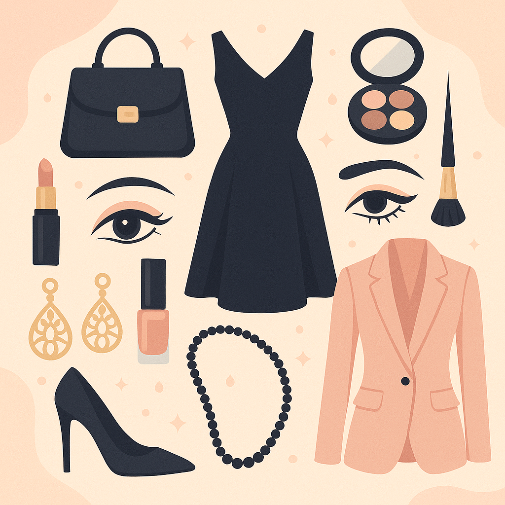 Collage aus Damenmode- und Beauty-Accessoires: Kleid, Blazer, High Heels, Handtasche, Make-up-Utensilien in zarten Pastelltönen.