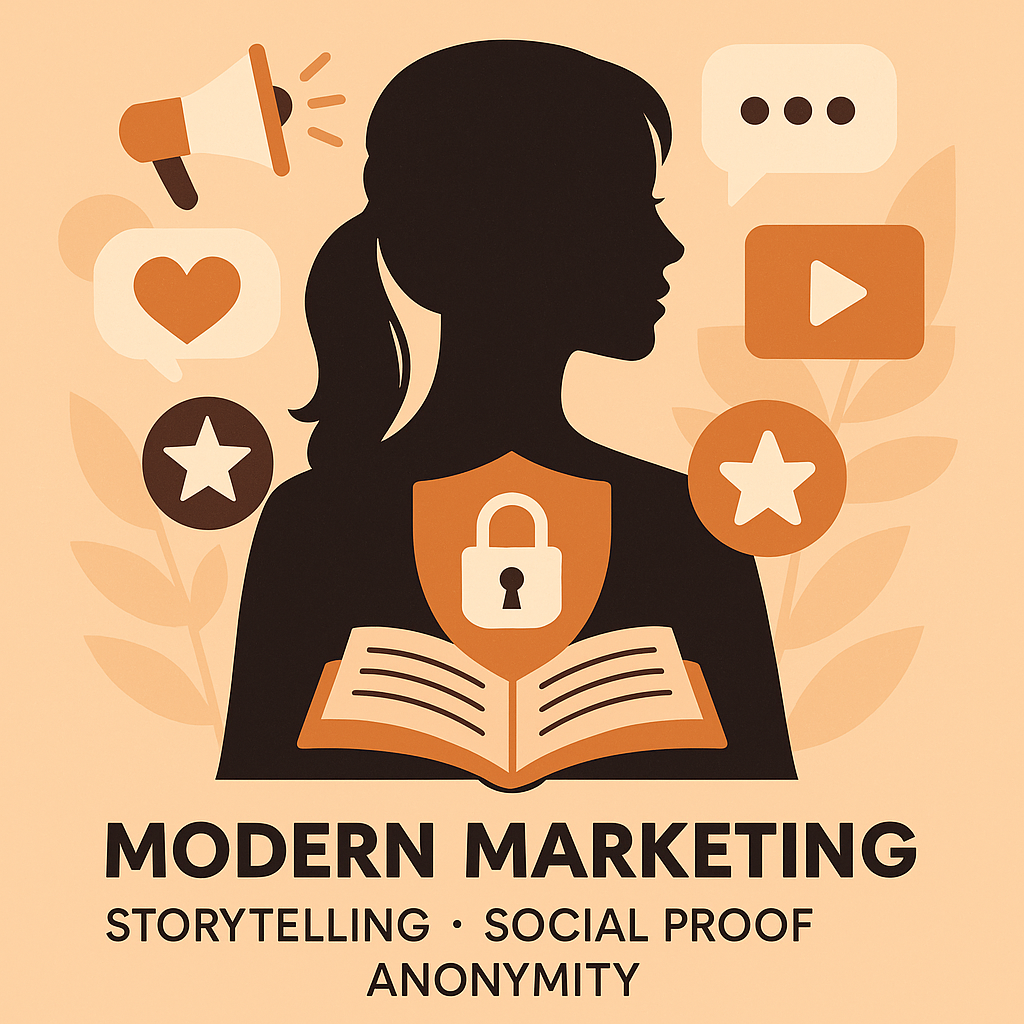 Silhouette einer selbstbewussten Frau vor Symbolen für Modern Marketing: Social-Icons, Megafon, Schloss und Buch, mit Text „Modern Marketing: Storytelling · Social Proof · Anonymity