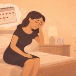 Illustration einer müden Frau, die erschöpft auf dem Bett sitzt und an viele anstehende Dates denkt.