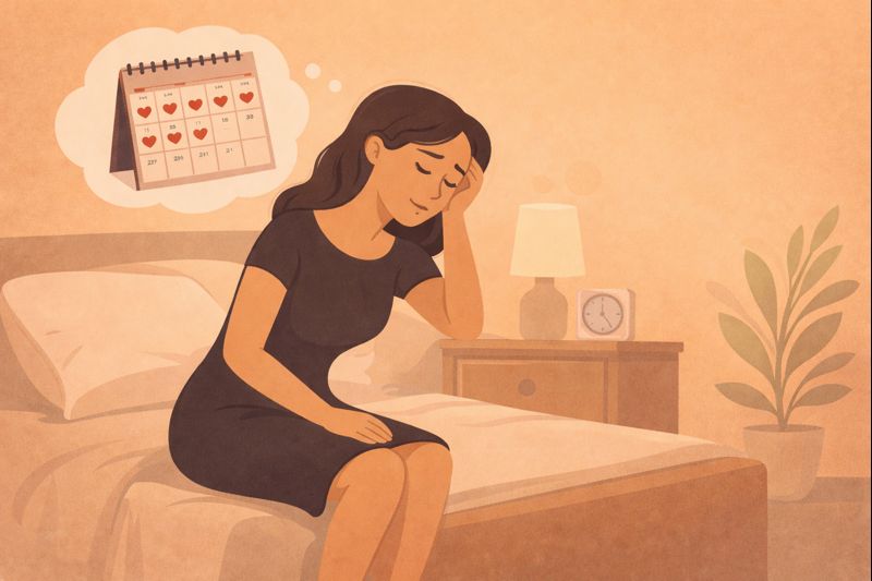 Illustration einer müden Frau, die erschöpft auf dem Bett sitzt und an viele anstehende Dates denkt.